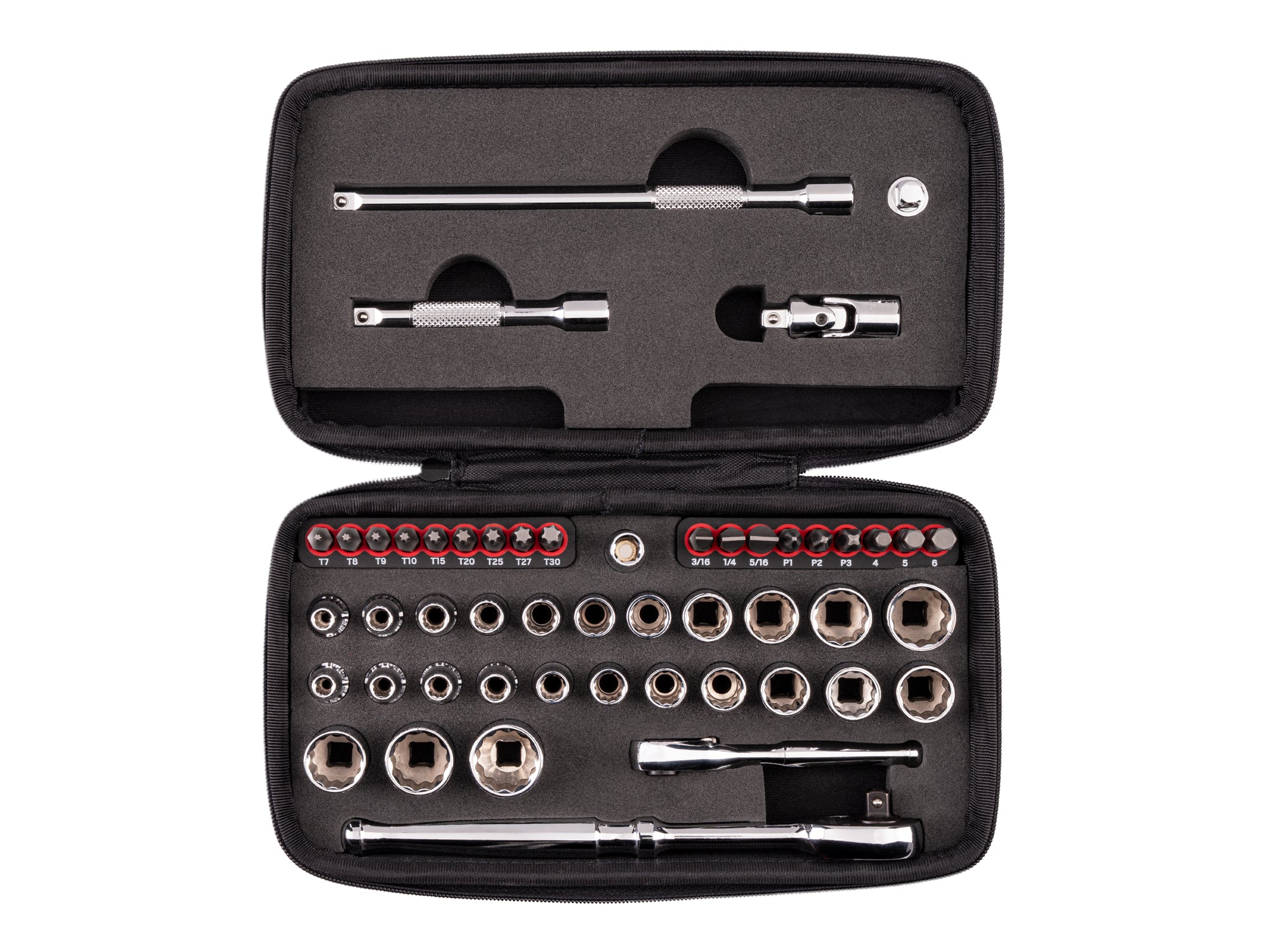 1/4 Inch Drive 12-Point Small Engine Shallow Socket, Bit, and Non-Quick-Release Ratchet Set with Case (50-Piece)