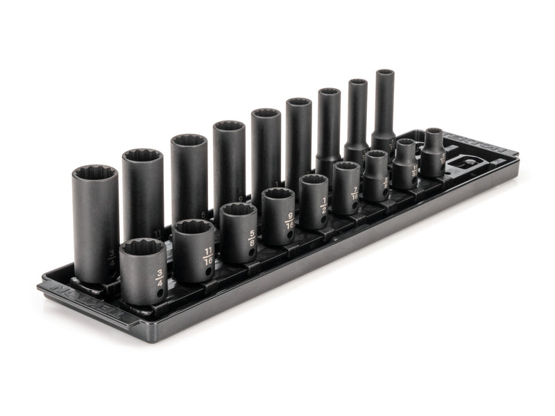 3/8 Inch Drive Shallow and Deep 12-Point Impact Socket Set with Rails and Tray, 18-Piece (5/16 - 3/4 in.)