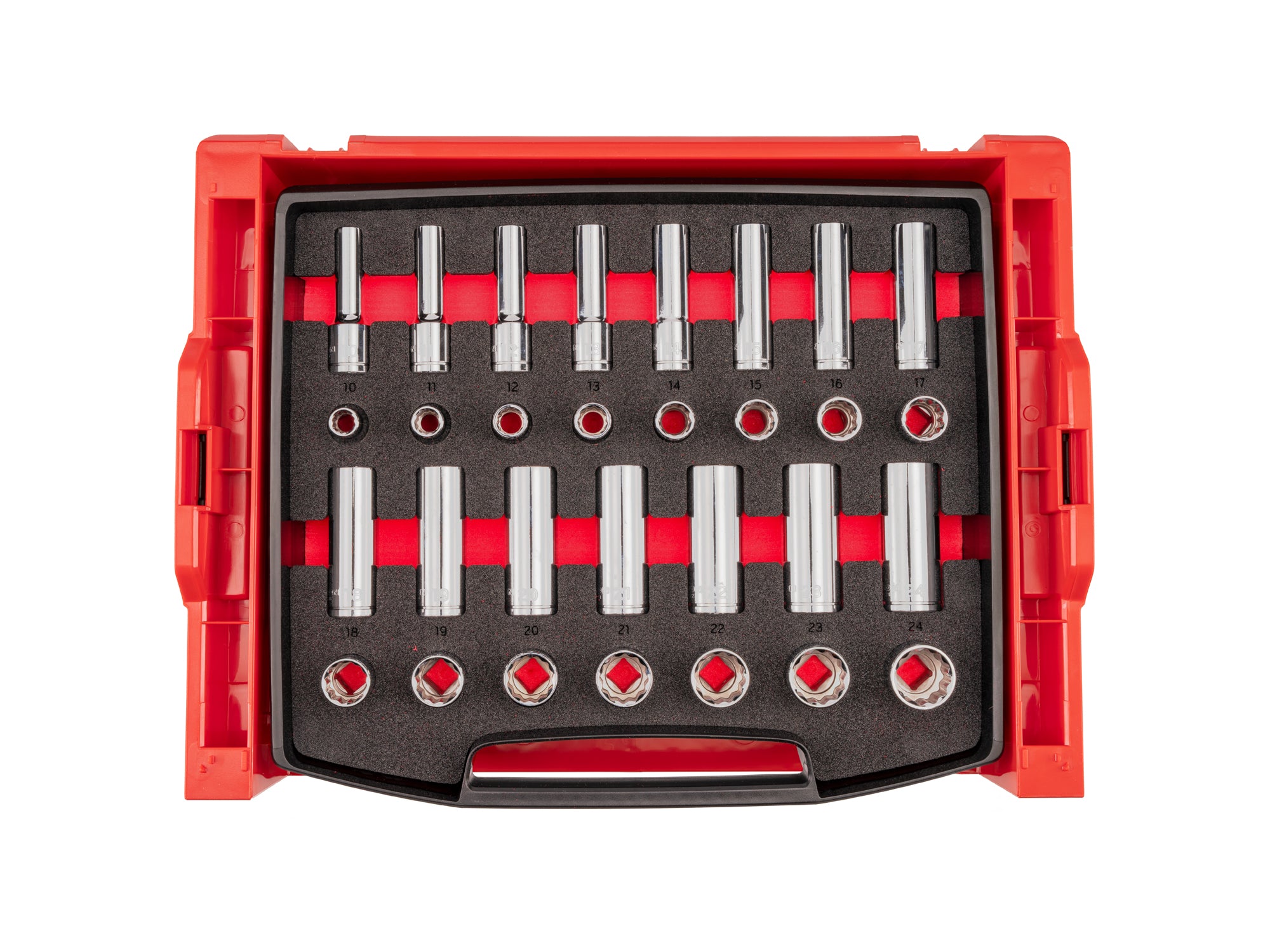 1/2 Inch Drive Shallow and Deep 12-Point Socket Set with Open Top Drawer and Rack, 30-Piece (10 - 24 mm)