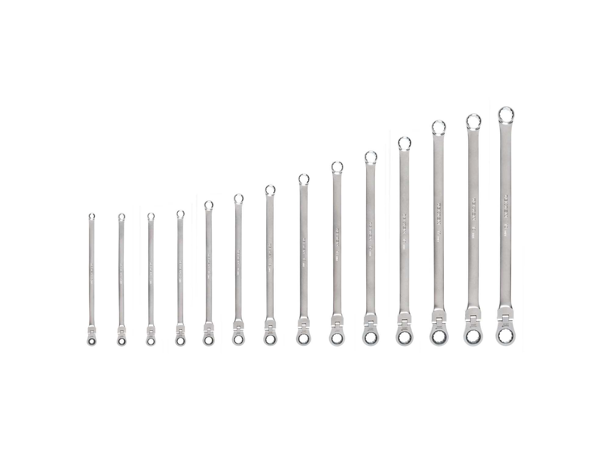 Long Fixed/Flex Head 12-Point Ratcheting Box End Wrench Set, 14-Piece (6-19 mm)