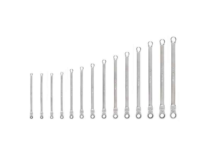 Long Fixed/Flex Head 12-Point Ratcheting Box End Wrench Set, 14-Piece (6-19 mm)