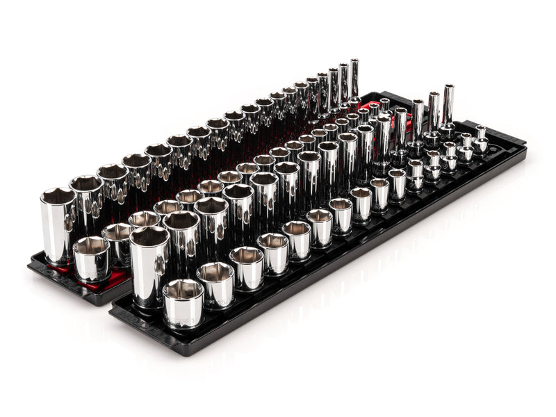3/8 Inch Drive Shallow and Deep 6-Point Socket Set with Rails and Trays, 68-Piece (1/4 - 1 in., 6 - 24 mm)