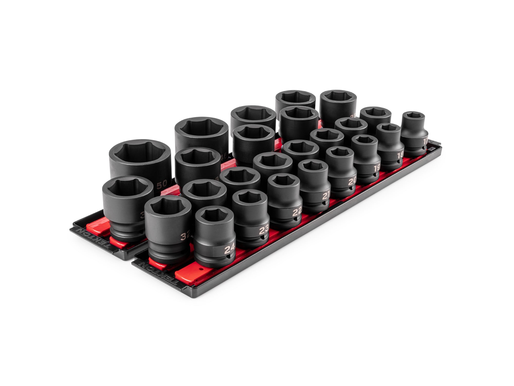 3/4 Inch Drive Shallow 6-Point Impact Socket Set with Rails and Trays, 25-Piece (17 - 50 mm, Common Sizes)
