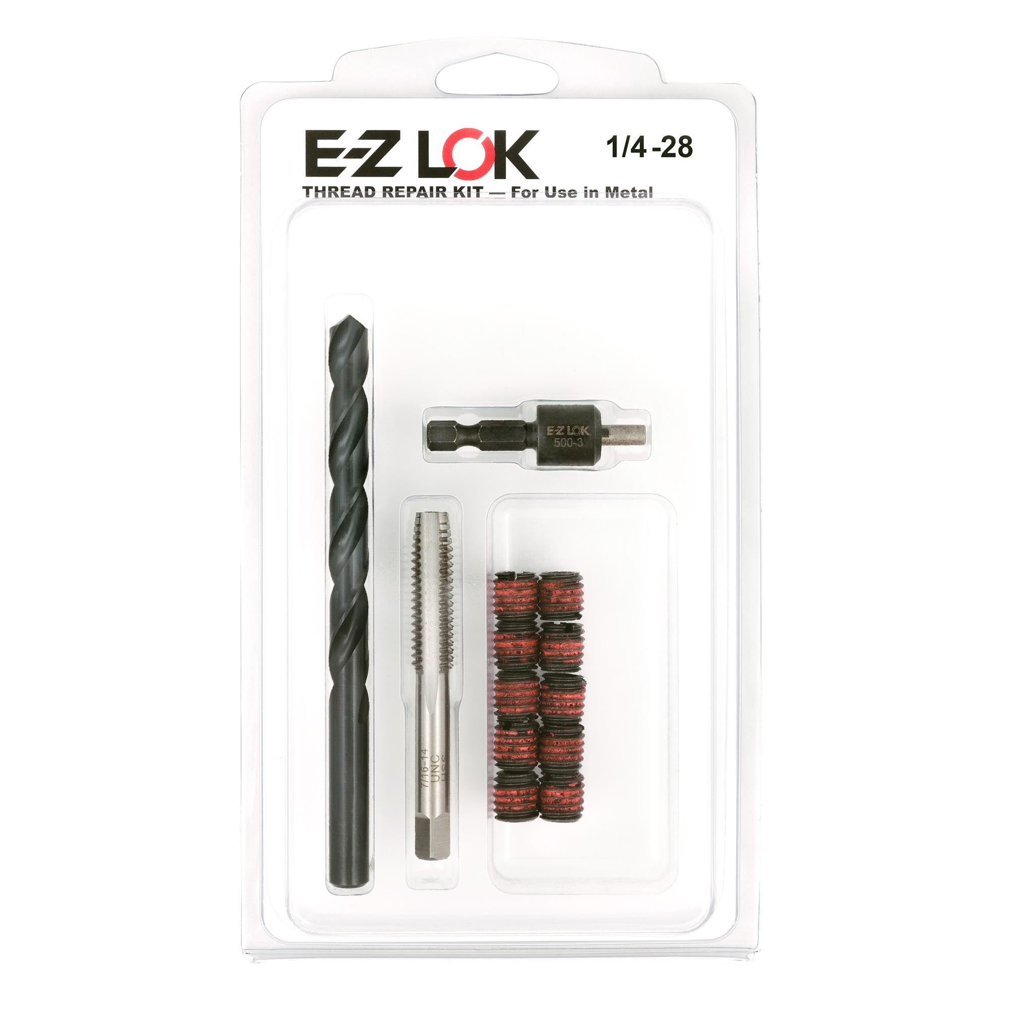 1/4"-28 x 7/16"-14 Carbon Steel Solid Wall Threaded Insert W/Red Loctite Standard Repair Kit with Inserts, Drill Bit, Tap, and Install Tool