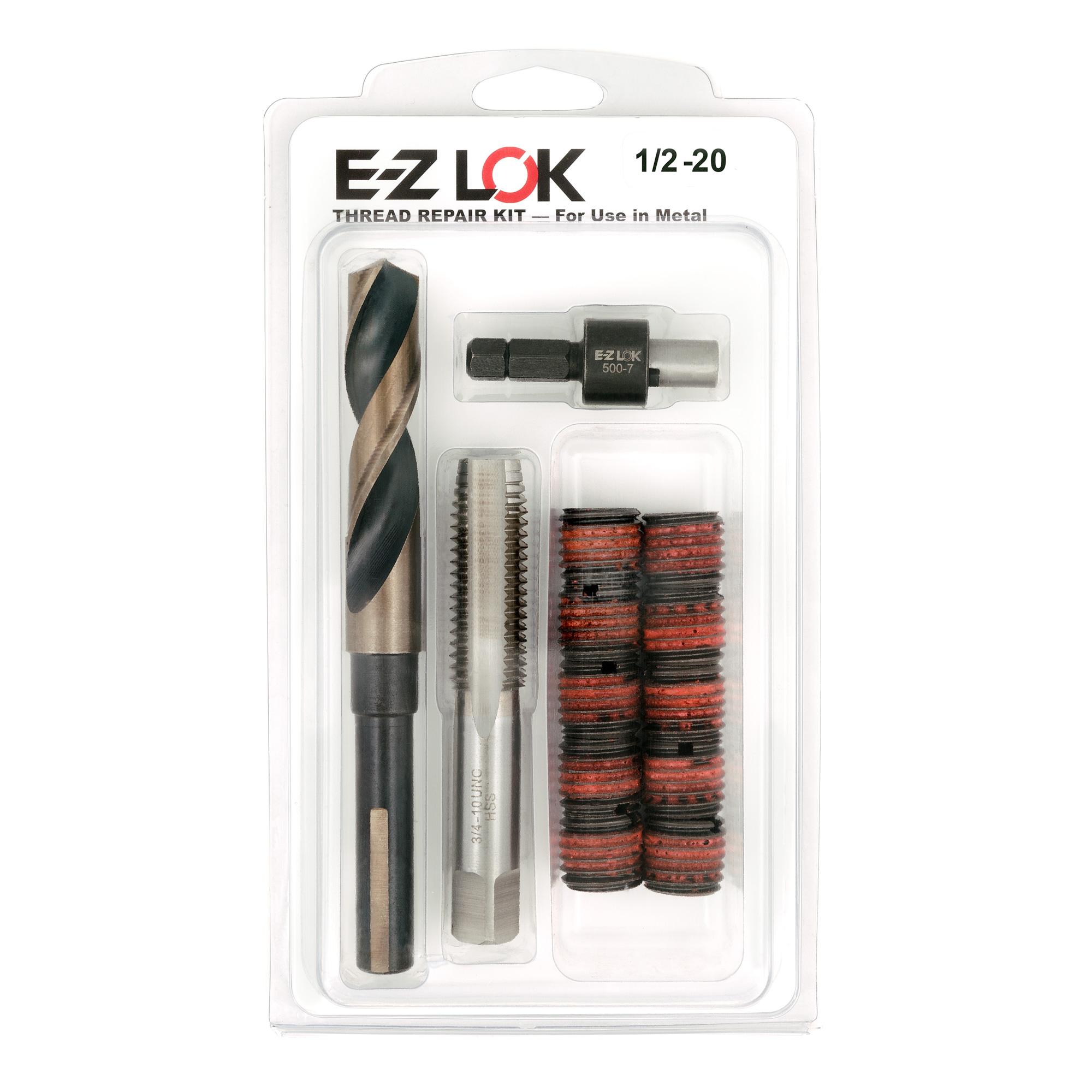 1/2"-20 x 3/4"-10 Carbon Steel Solid Wall Threaded Insert W/Red Loctite Standard Repair Kit with Inserts, Drill Bit, Tap, and Install Tool
