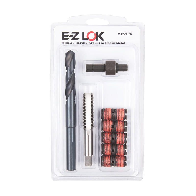 M12-1.75 x M16-2.0 Carbon Steel Solid Wall Threaded Insert W/Red Loctite Standard Repair Kit with Inserts, Drill Bit, Tap, and Install Tool