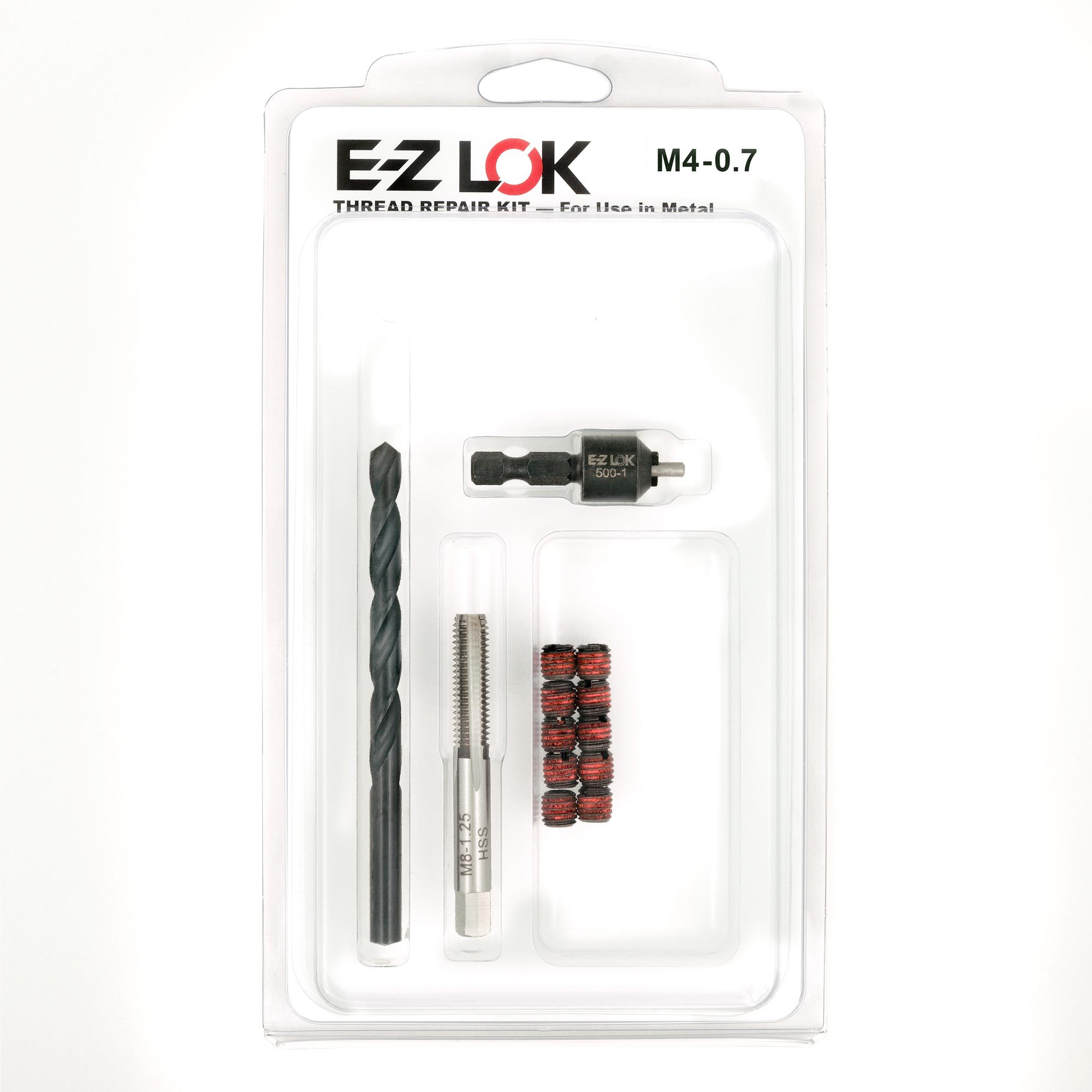 M4-0.7 x M8-1.25 Carbon Steel Solid Wall Threaded Insert W/Red Loctite Standard Repair Kit with Inserts, Drill Bit, Tap, and Install Tool