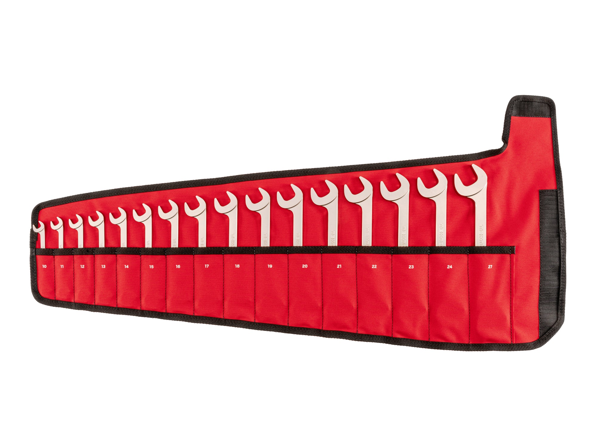 Angle Head Open End Wrench Set with Roll, 16-Piece (10 - 27 mm)