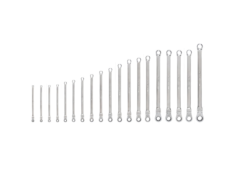 Long Fixed/Flex Head 12-Point Ratcheting Box End Wrench Set, 19-Piece (6-24 mm)