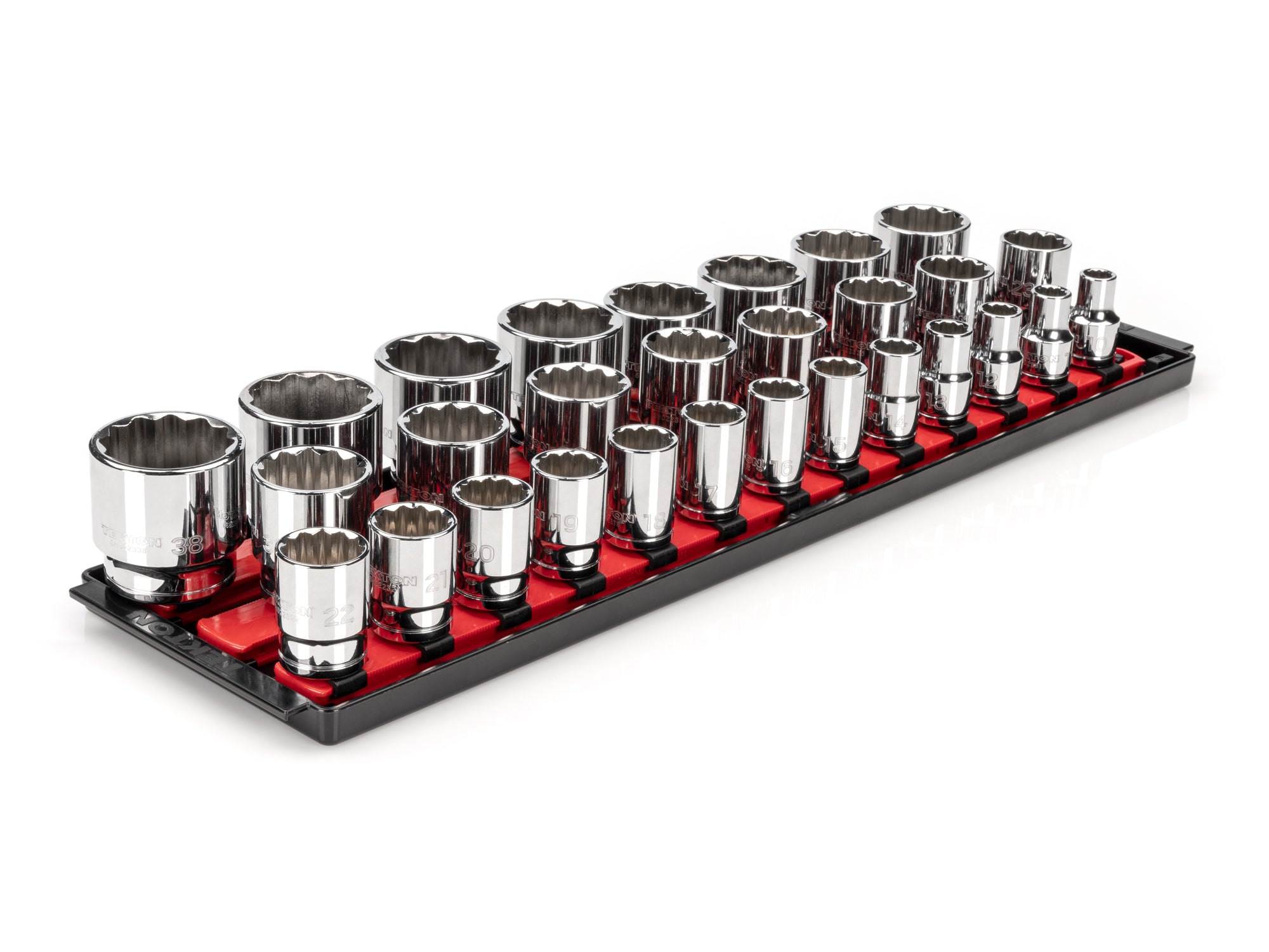 1/2 Inch Drive Shallow 12-Point Socket Set with Rails and Tray, 29-Piece (10 - 38 mm)