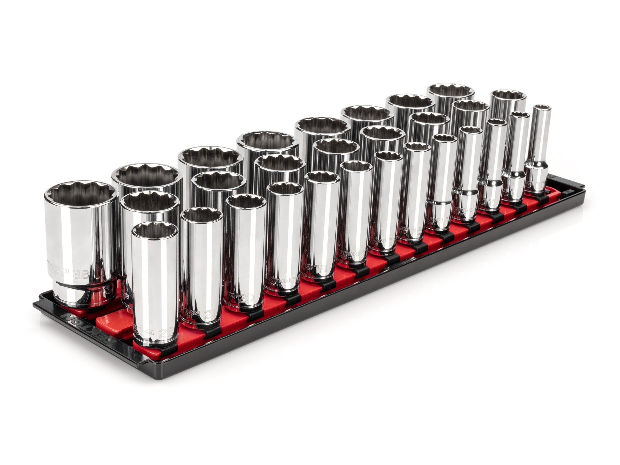 1/2 Inch Drive Deep 12-Point Socket Set with Rails and Tray, 29-Piece (10 - 38 mm)