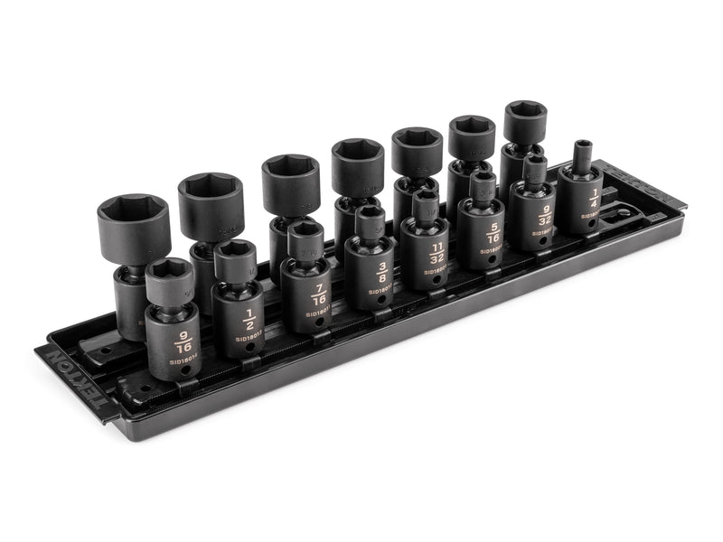 3/8 Inch Drive Shallow 6-Point Universal Joint Impact Socket Set with Rails and Tray, 15-Piece (1/4 - 1 in.)