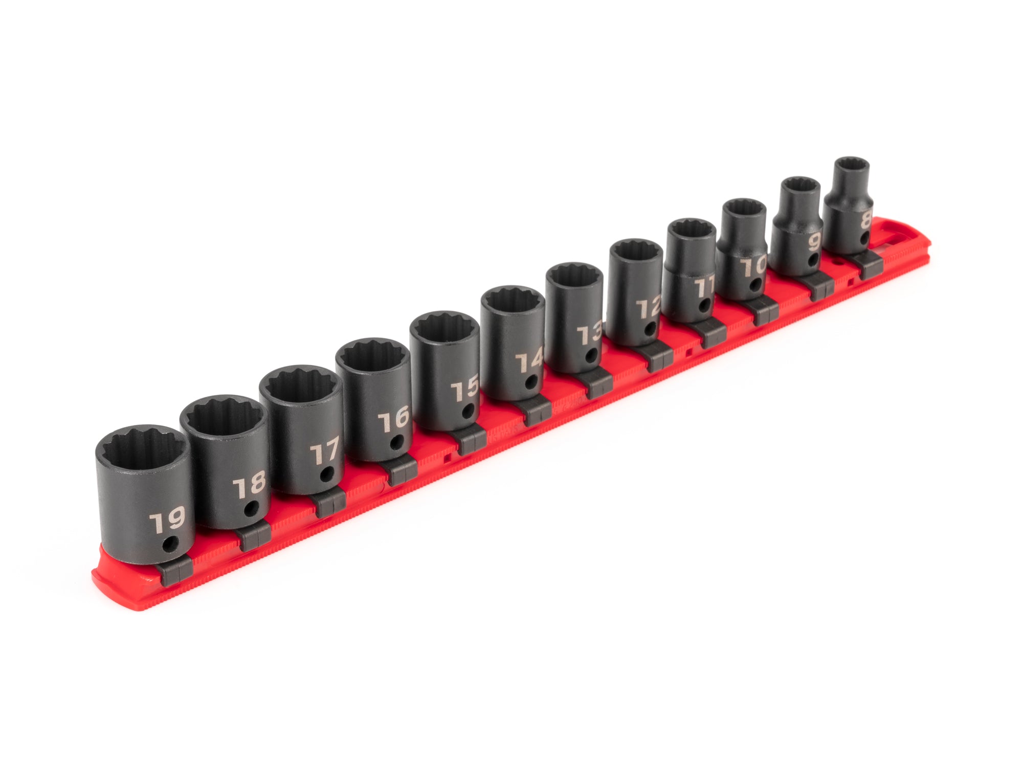 3/8 Inch Drive Shallow 12-Point Impact Socket Set with Rail, 12-Piece (8 - 19 mm)