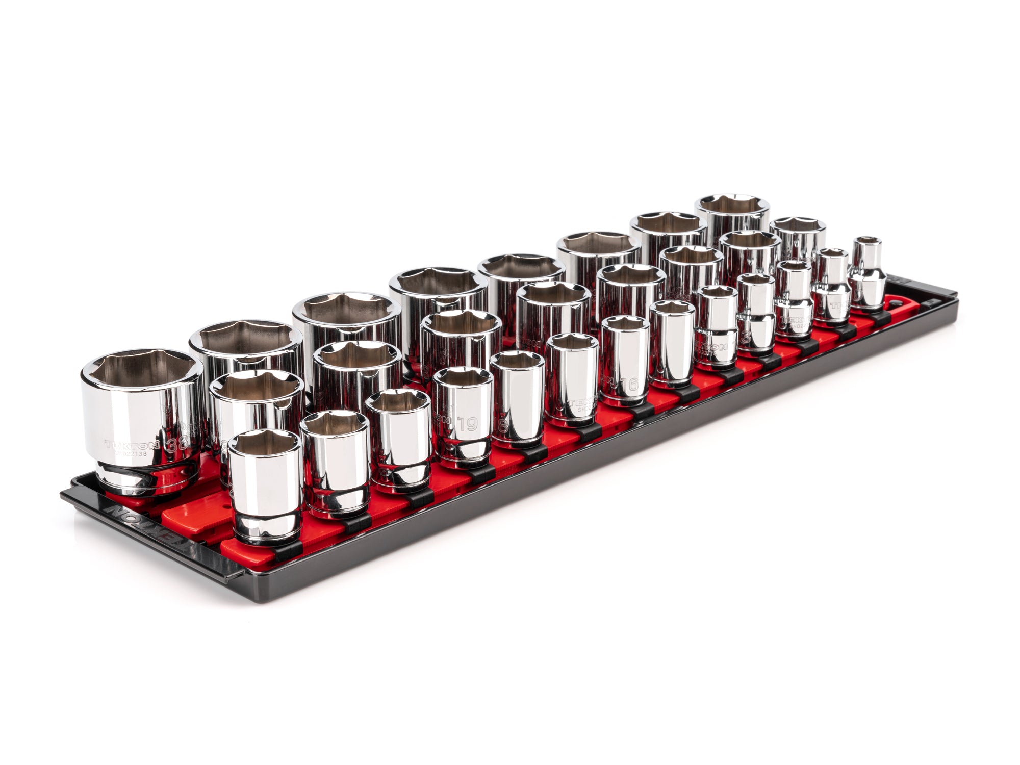 1/2 Inch Drive Shallow 6-Point Socket Set with Rails and Tray, 29-Piece (10 - 38 mm)
