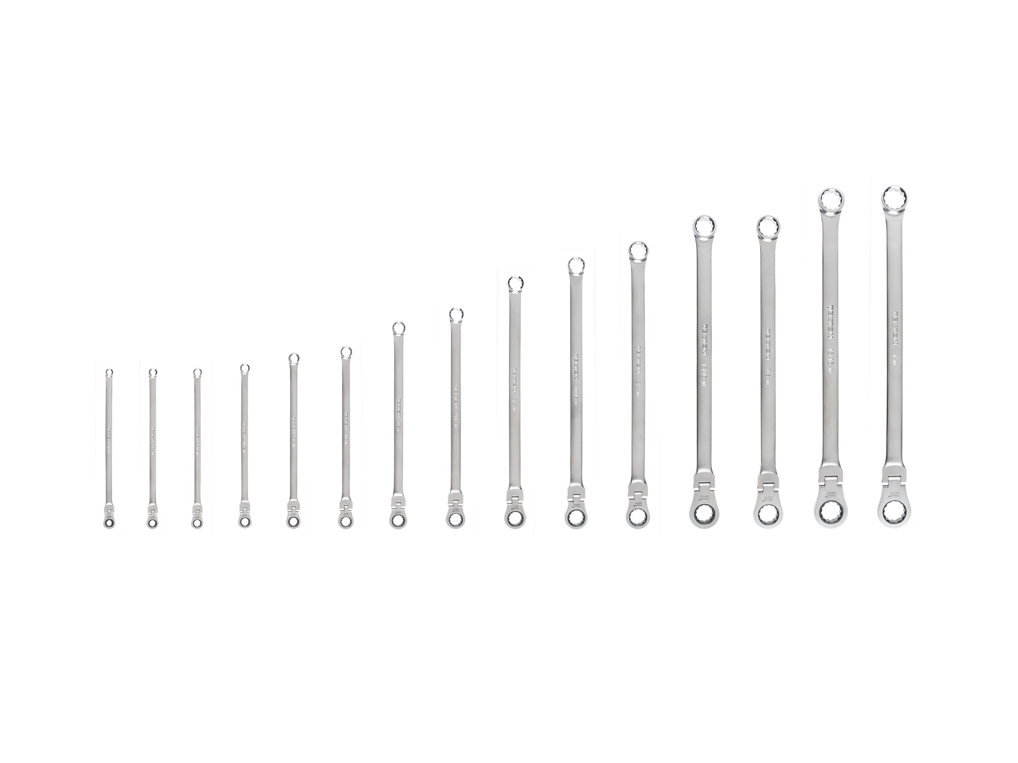 Long Fixed/Flex Head 12-Point Ratcheting Box End Wrench Set, 15-Piece (1/4-1 in.)