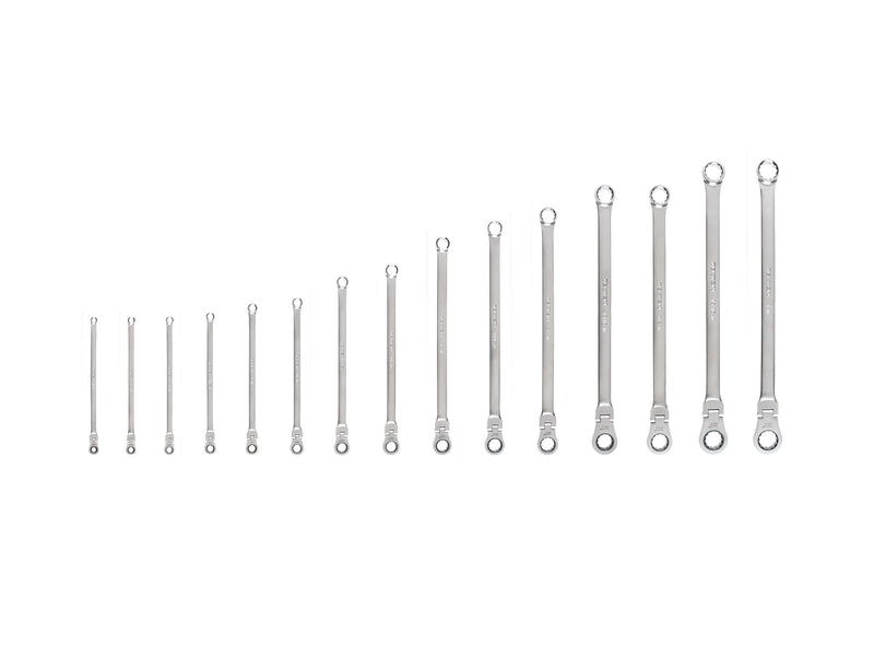 Long Fixed/Flex Head 12-Point Ratcheting Box End Wrench Set, 15-Piece (1/4-1 in.)