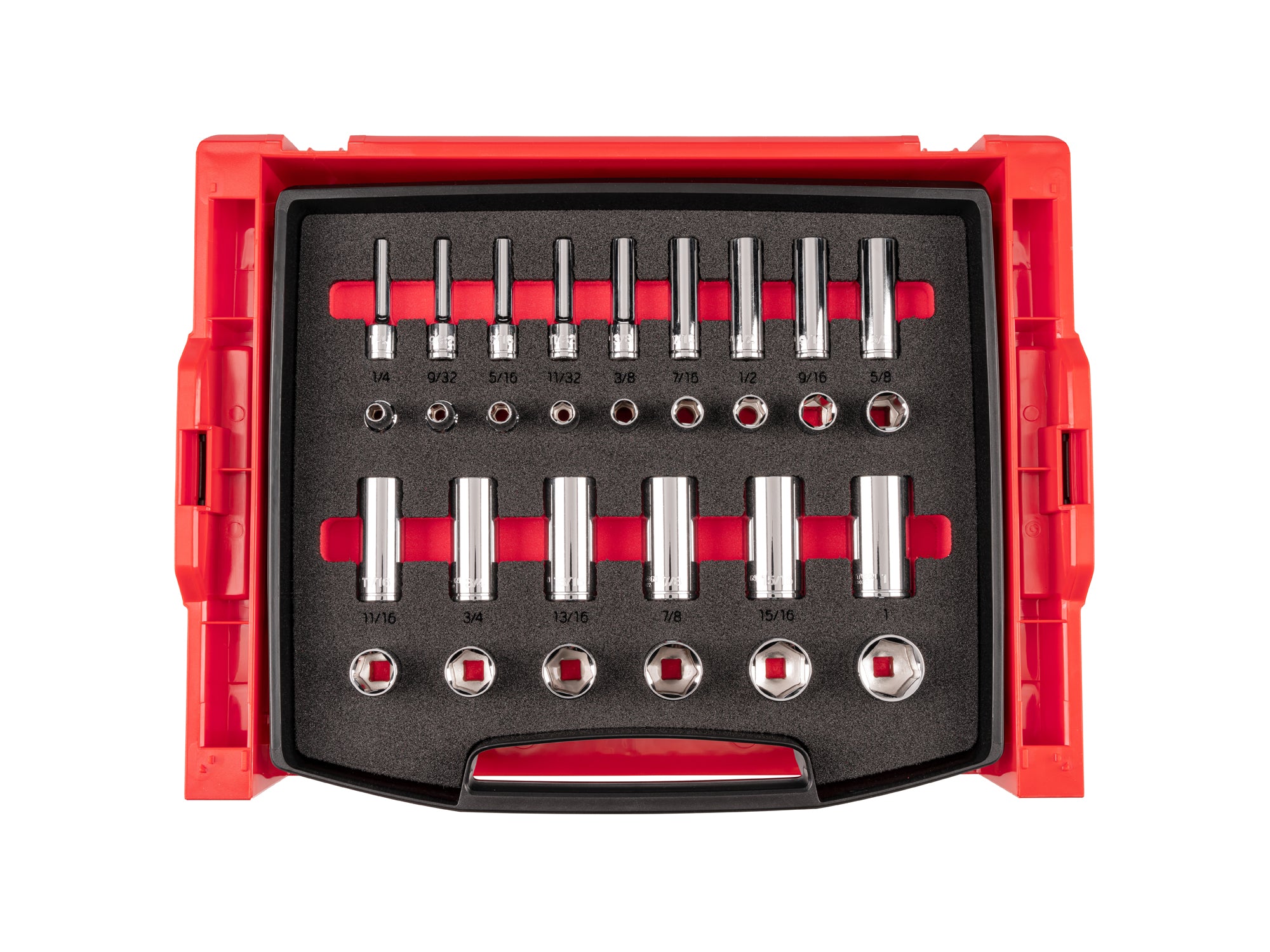 3/8 Inch Drive Shallow and Deep 6-Point Socket Set with Open Top Drawer and Rack, 30-Piece (1/4 -1 in.)