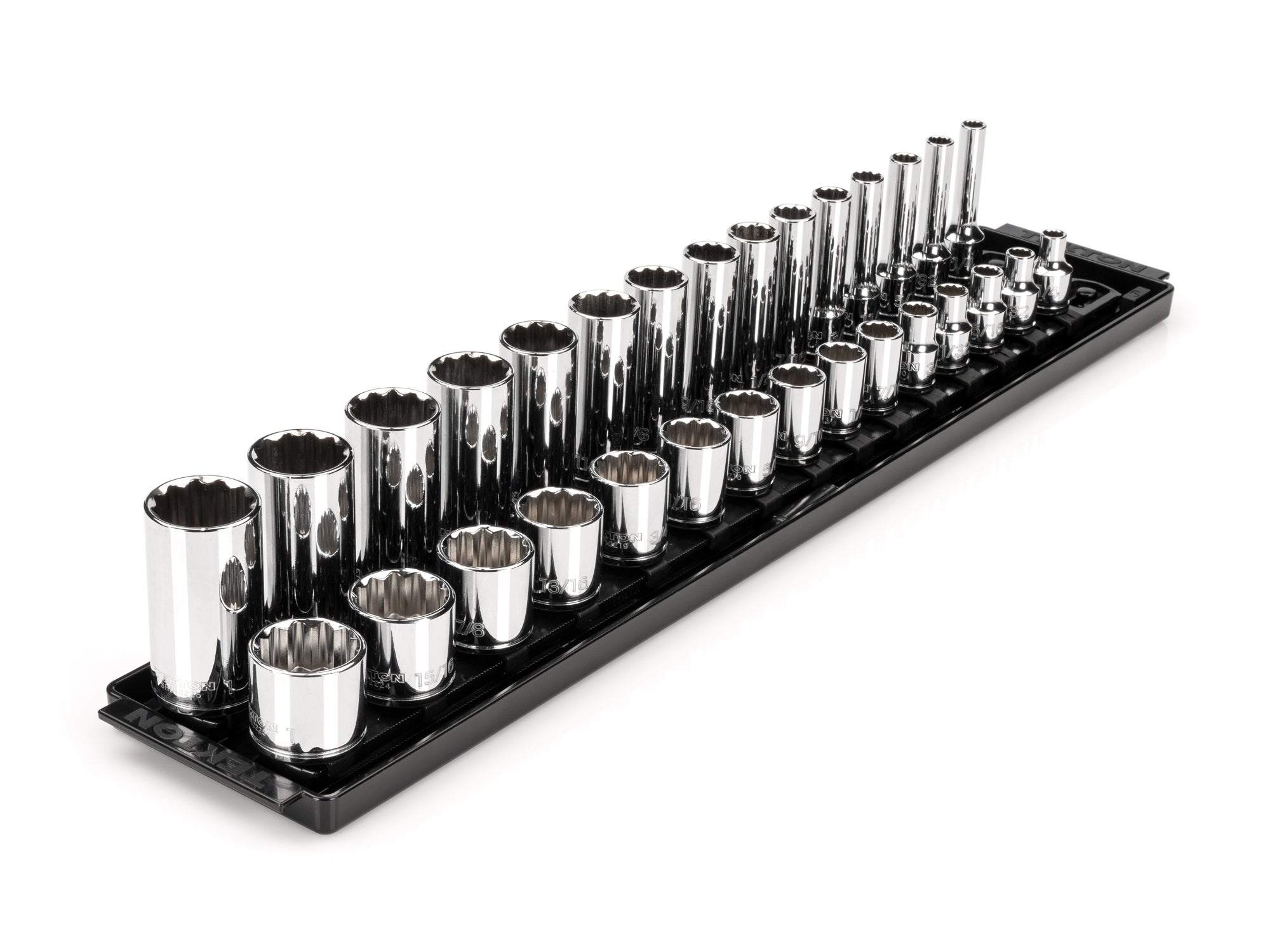 3/8 Inch Drive Shallow and Deep 12-Point Socket Set with Rails and Tray, 30-Piece (1/4 - 1 in.)