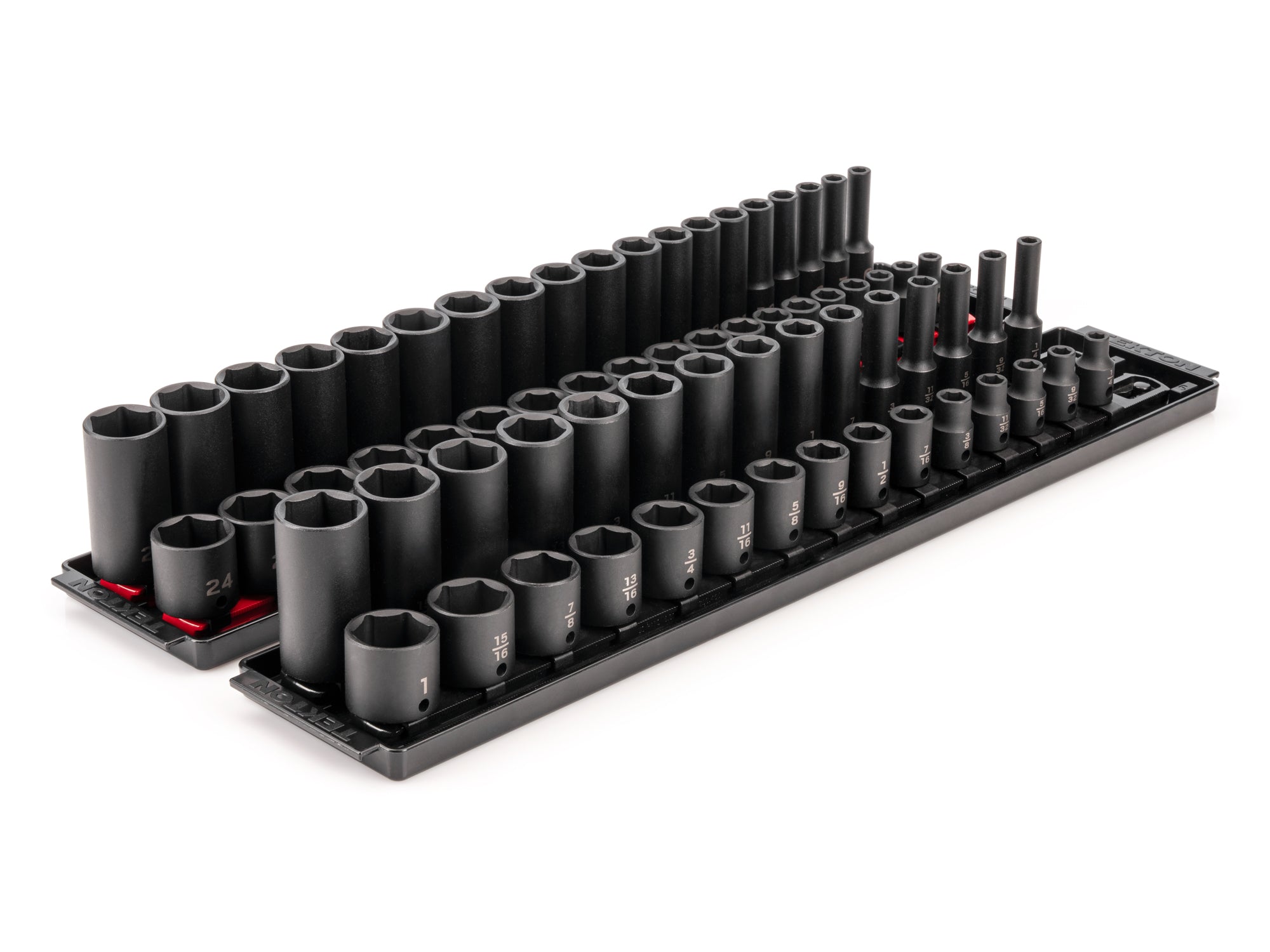 3/8 Inch Drive Shallow and Deep 6-Point Impact Socket Set with Rails and Trays, 68-Piece (1/4 - 1 in., 6 - 24 mm)