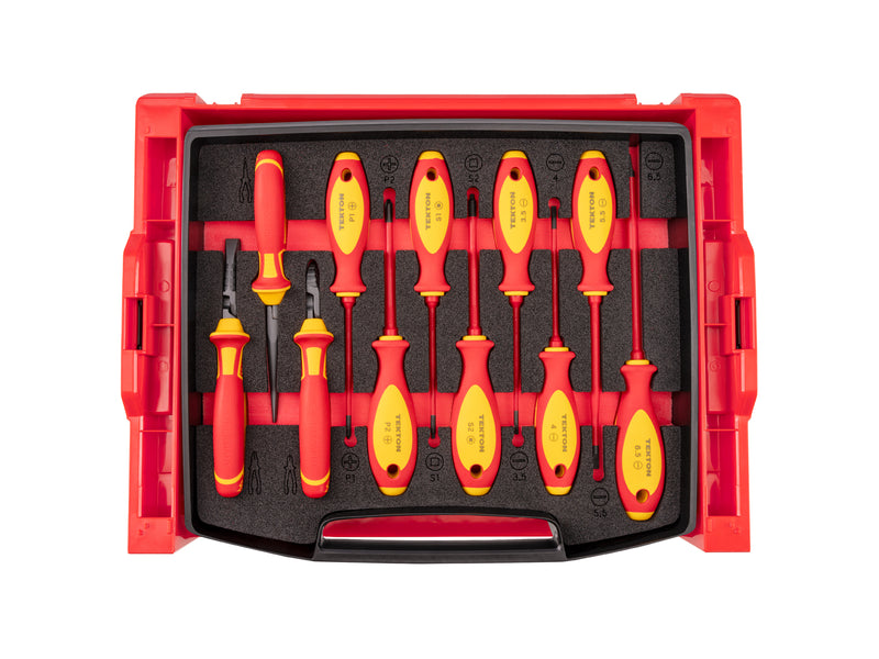 Insulated Phillips, Slotted, Square Drivers and Pliers Set with Open Top Drawer and Rack, 11-Piece (Combination, Long Nose, Diagonal Cutting)