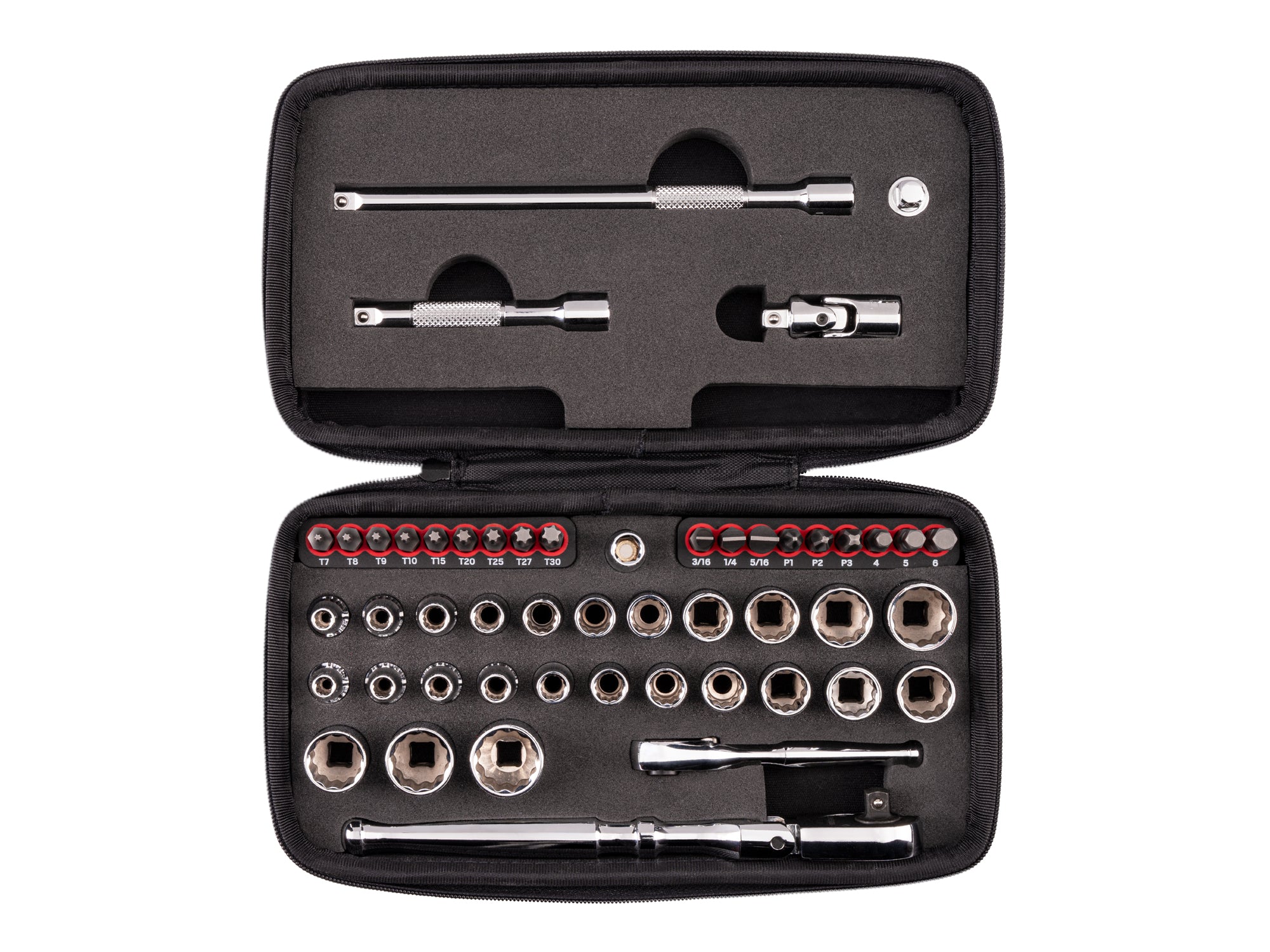 1/4 Inch Drive 12-Point Small Engine Shallow Socket, Bit, and Flex Head Non-Quick-Release Ratchet Set with Case (50-Piece)