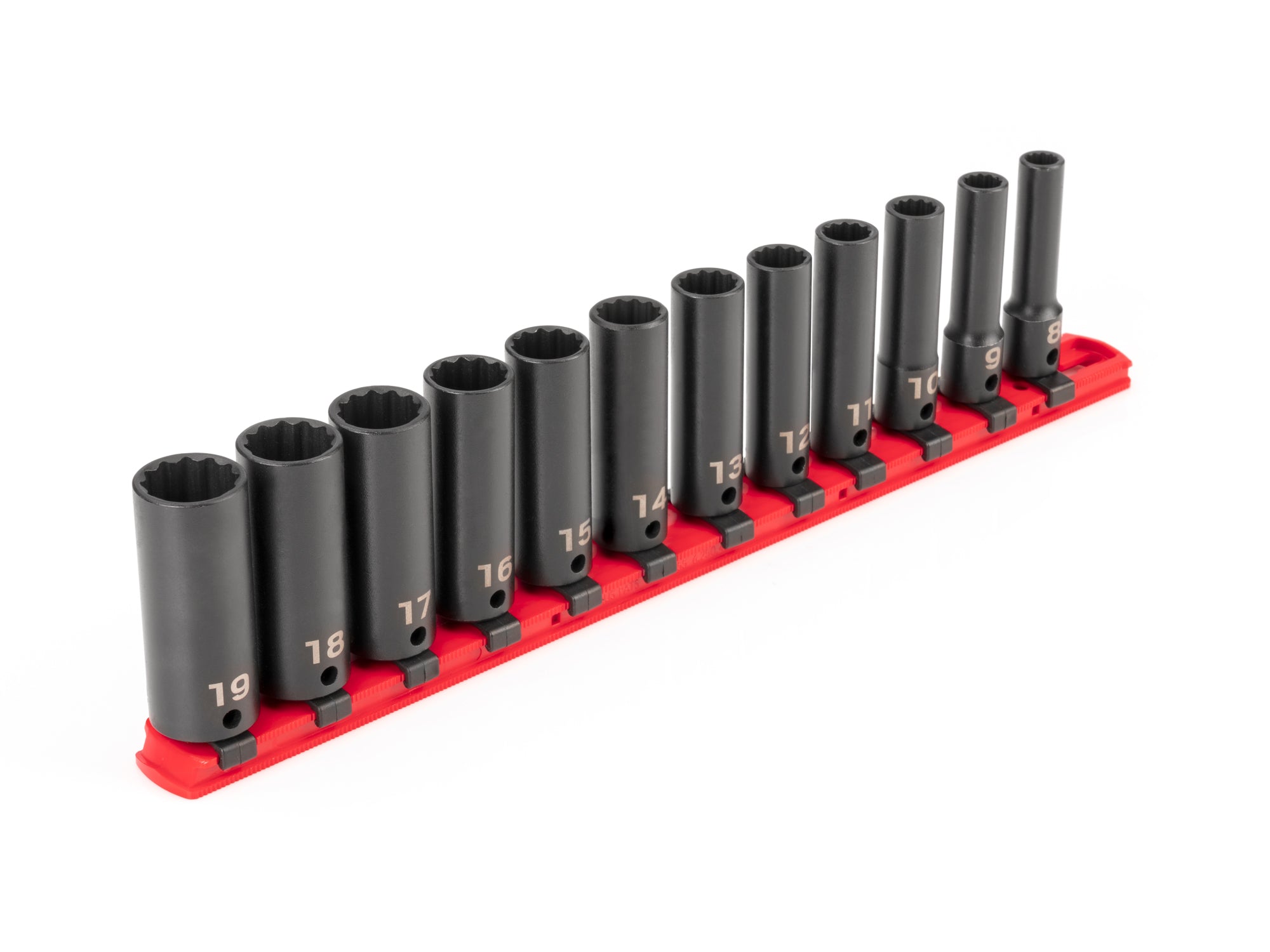 3/8 Inch Drive Deep 12-Point Impact Socket Set with Rail, 12-Piece (8 - 19 mm)