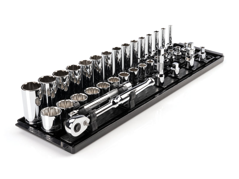 3/8 Inch Drive Shallow and Deep 12-Point Socket and Ratchet Set with Rails and Tray, 36-Piece (1/4 - 1 in.)