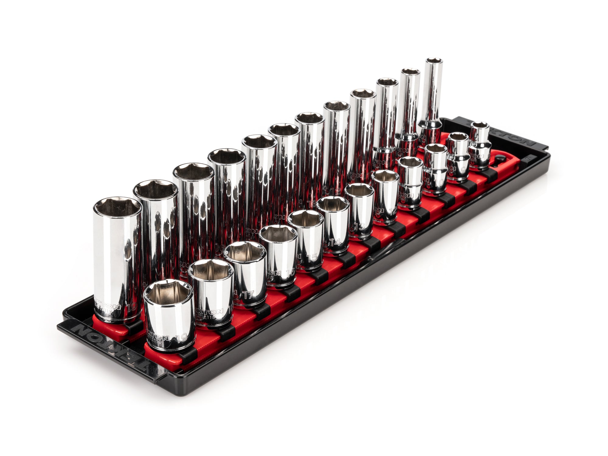3/8 Inch Drive Shallow and Deep 6-Point Socket Set with Rails and Tray, 24-Piece (8 - 19 mm)