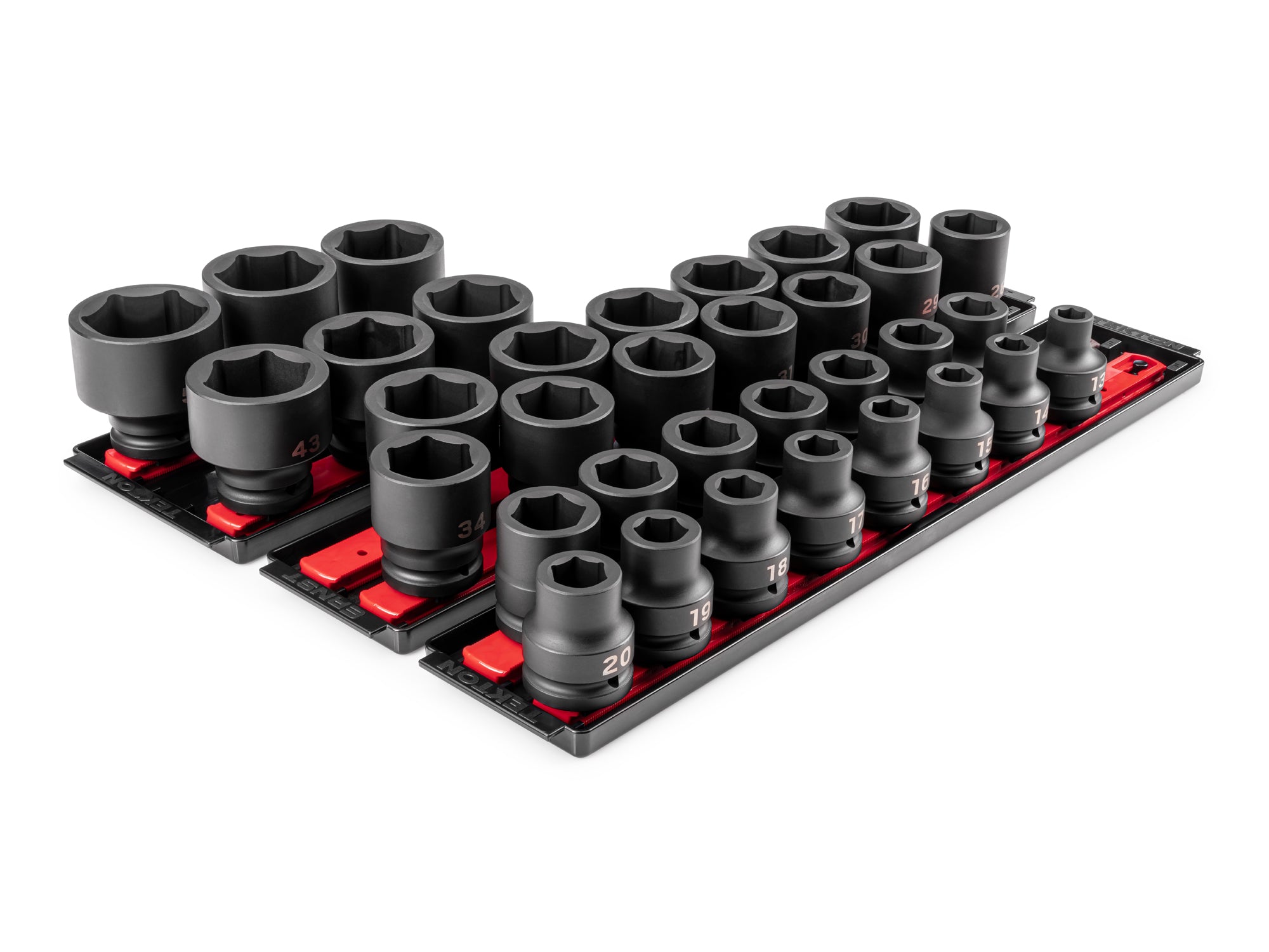 3/4 Inch Drive Shallow 6-Point Impact Socket Set with Rails and Trays, 34-Piece (13 - 50 mm)