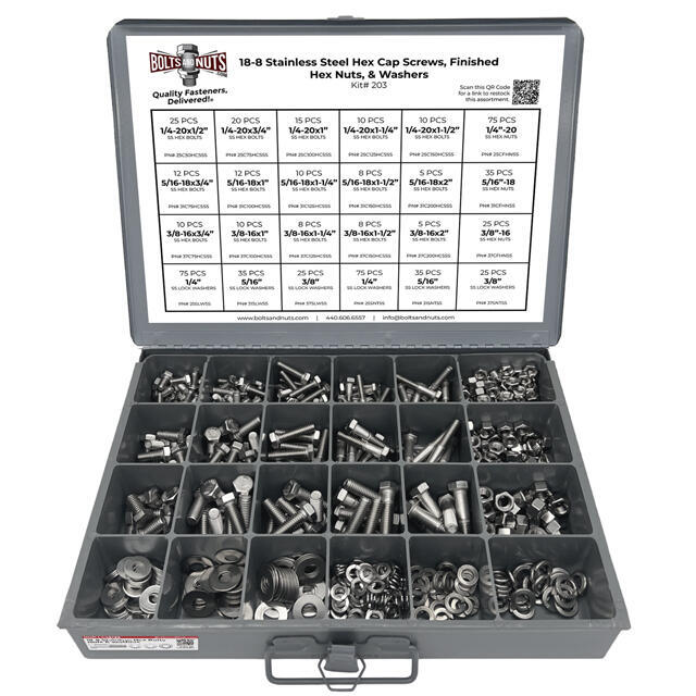 Inch 18-8 Stainless Steel Hex Cap Screws Bolts, Nuts, Washers Assortment  574PCS